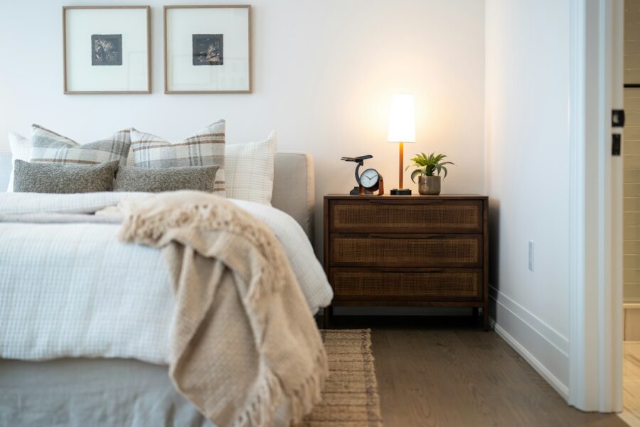 Cozy bedroom neutral bedding bedside lamp