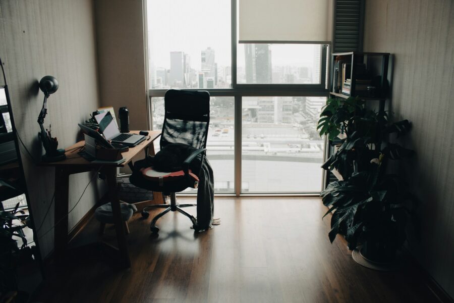 Small home office corner desk chair window