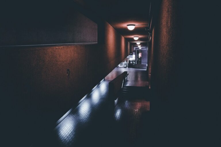 Kitchen counter night dim light hallway bench work
