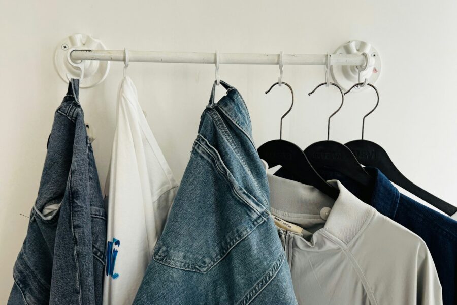 Minimal casual wardrobe rail neutral clothes