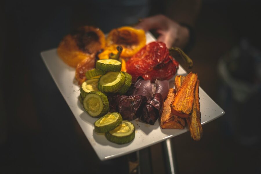 Healthy snack plate vegetables nuts fruit
