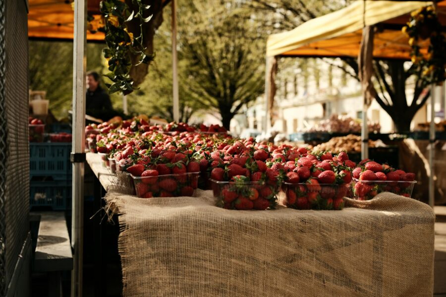 Summer street food market outdoor tables