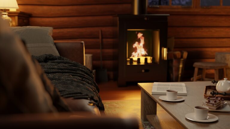 Cozy cabin interior fireplace blanket hot drink mug