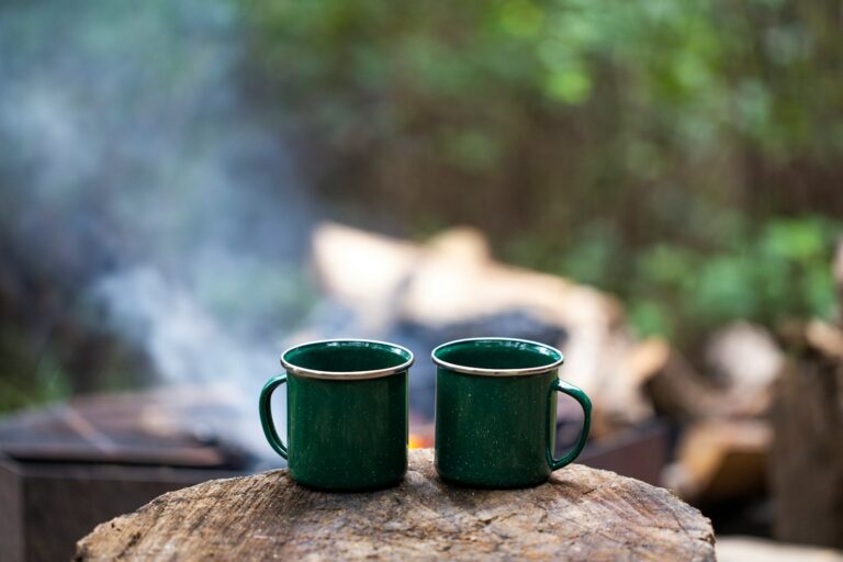 Campfire kettle enamel mugs forest