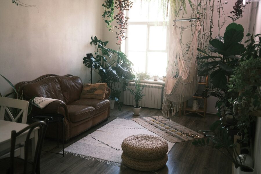 Cozy living room thick curtains rug