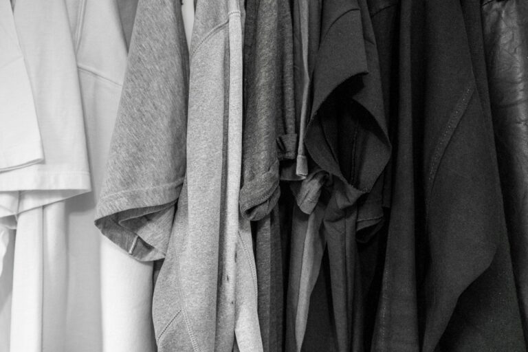 Organized wardrobe neutral clothes