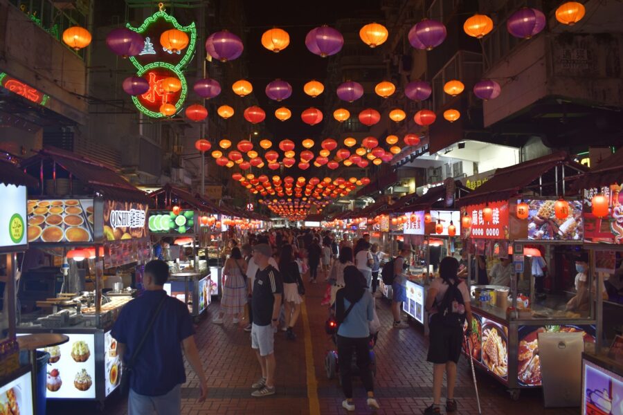 Street food market stalls evening lights