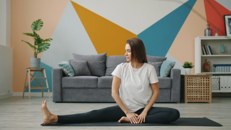 Home workout living room stretching office worker standing
