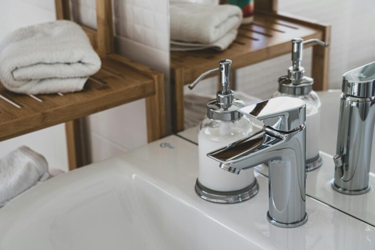 Bathroom counter tidy towels soap dispenser hallway bench