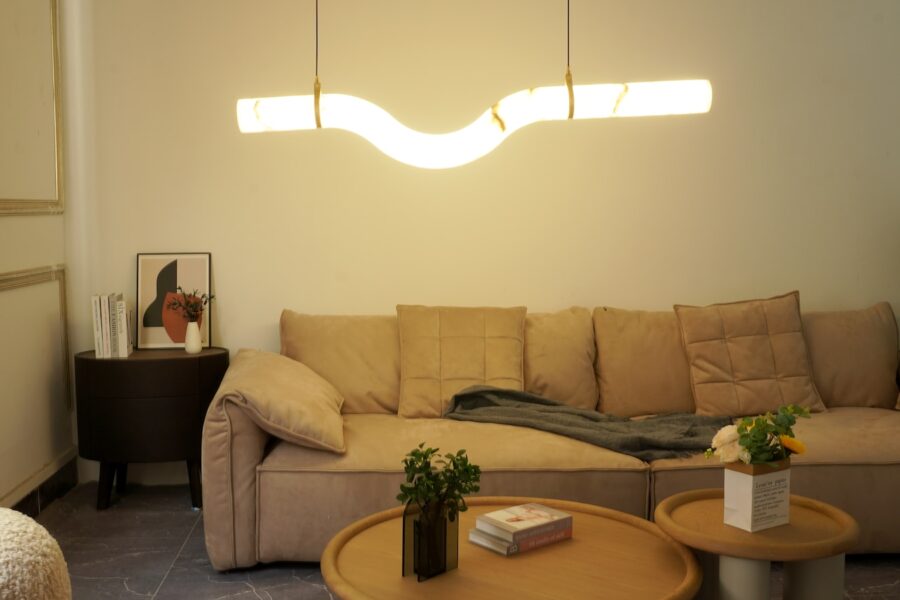 Evening living room lamp soft light tidy sofa