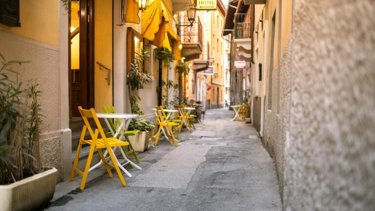 Small town summer street outdoor cafe warm evening