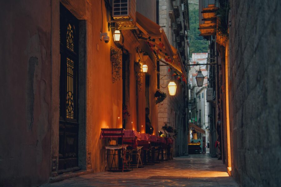 Small town summer street outdoor cafe warm evening