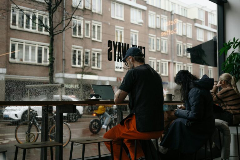 Cozy cafe window rain street indoor food market