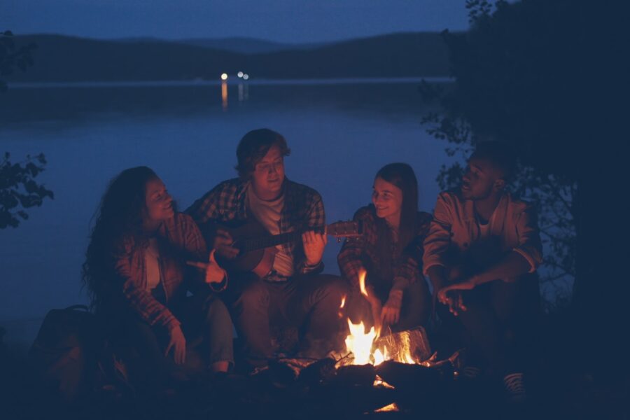 Couple sitting lake