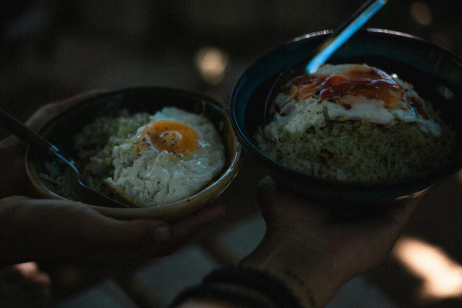 Leftover rice bowl fried egg vegetables