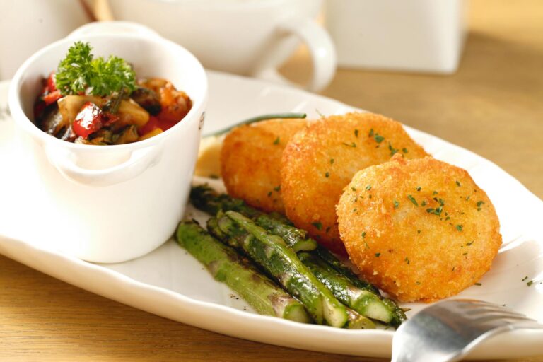 Rice fried pan vegetables rice cakes patties plate