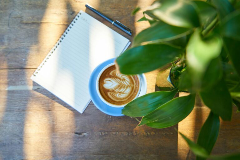 Journal pen coffee table morning light