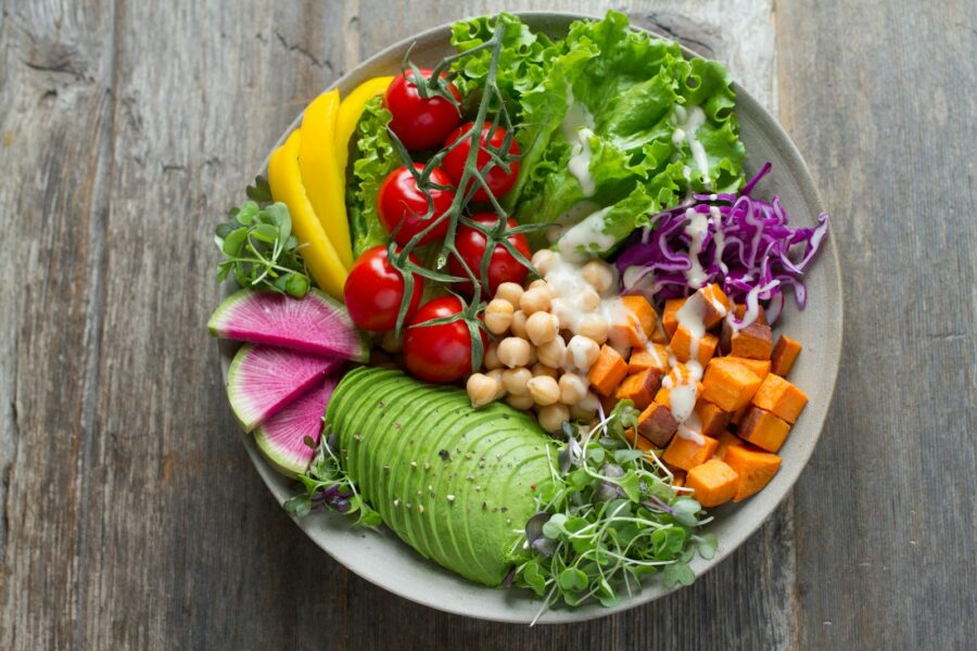 Vegetarian grain bowl wooden table