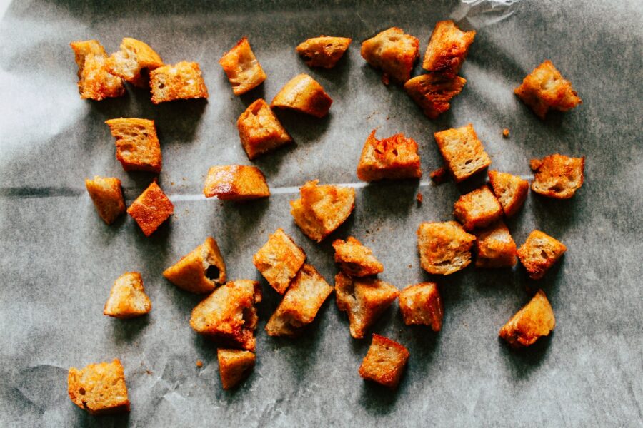 Homemade croutons baking